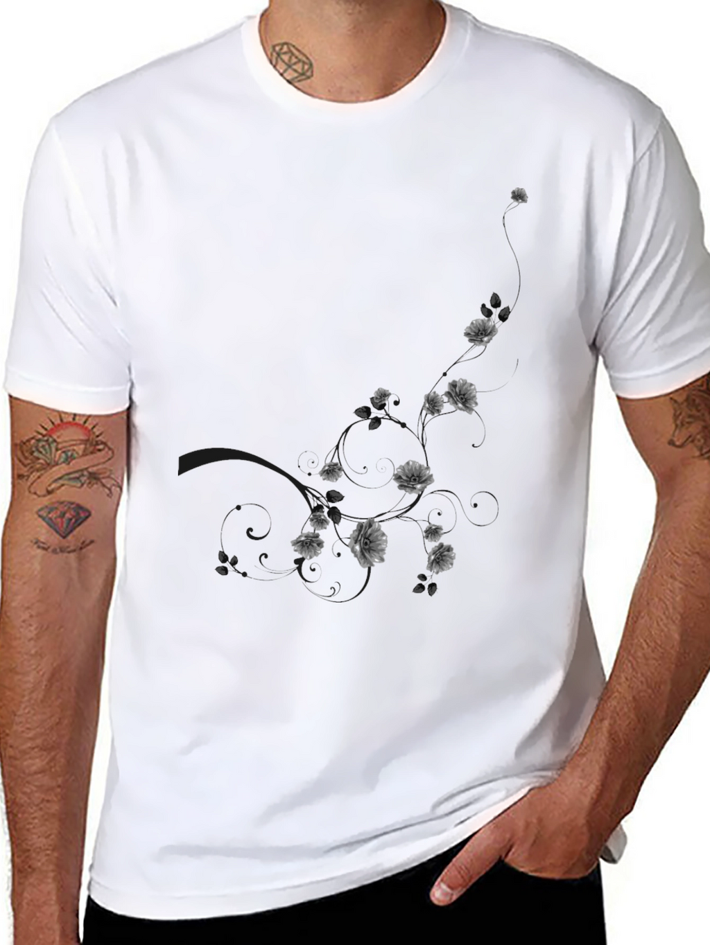 Mens Black Floral Graphic T-Shirt