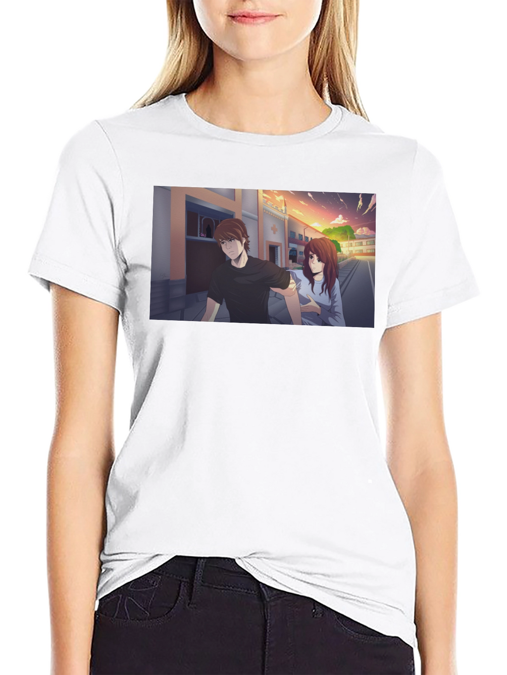 Anime Couple Graphic Black T-Shirt