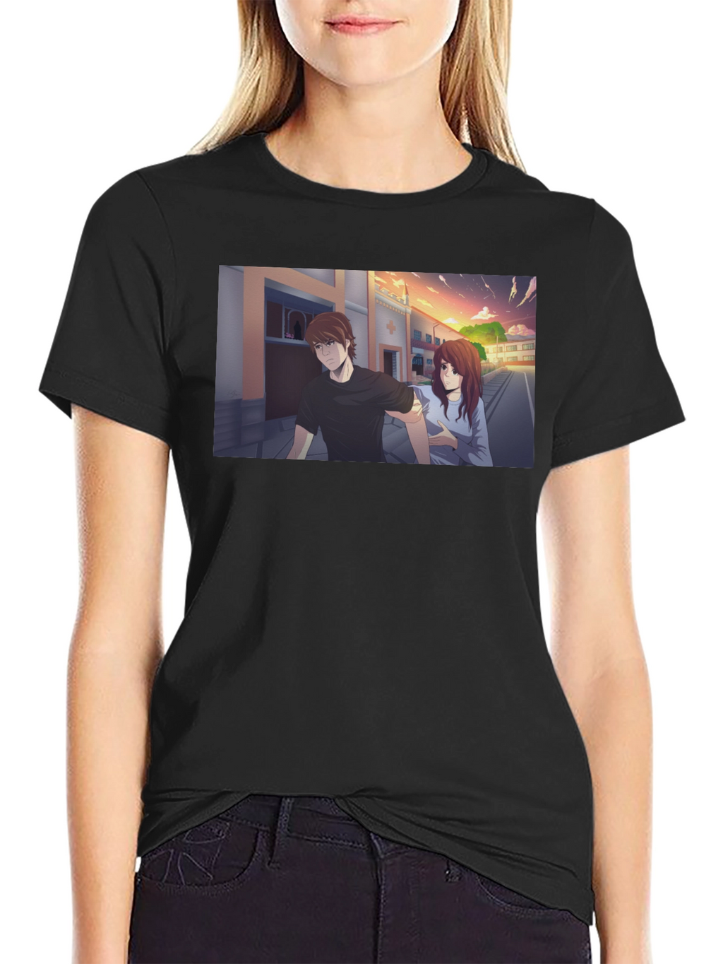 Anime Couple Graphic Black T-Shirt
