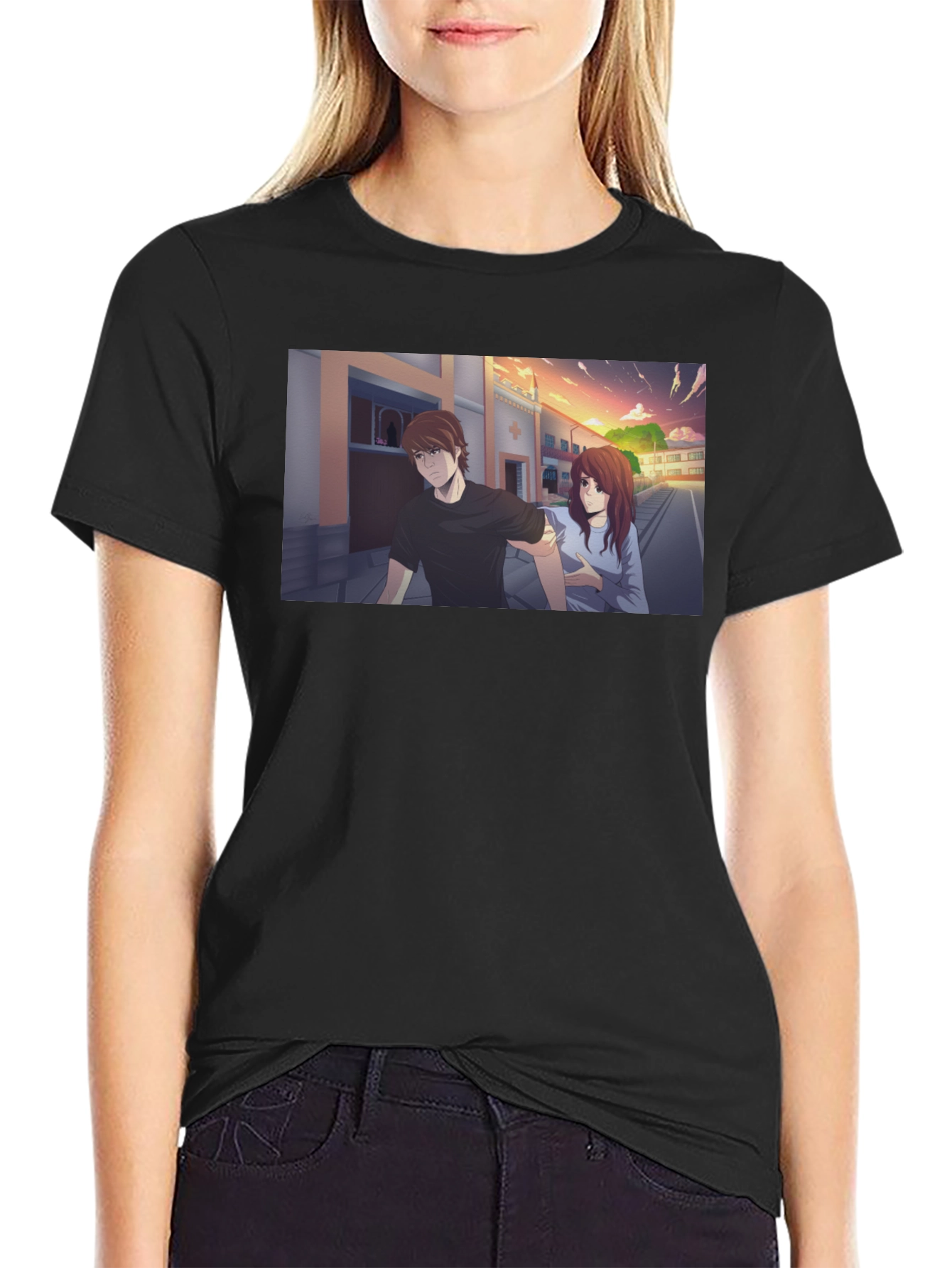 Anime Couple Graphic Black T-Shirt
