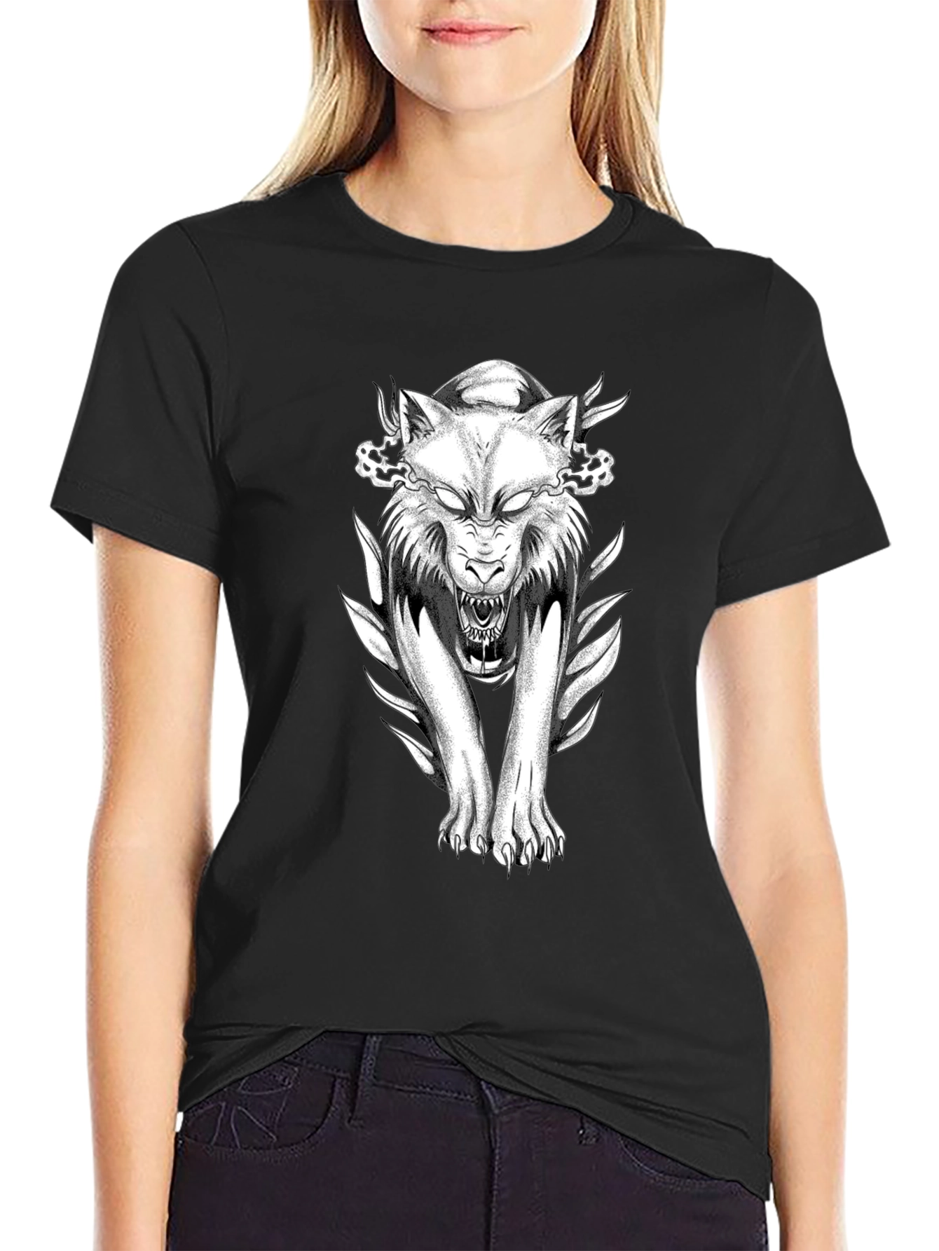 Black T-Shirt with Wolf Graphic