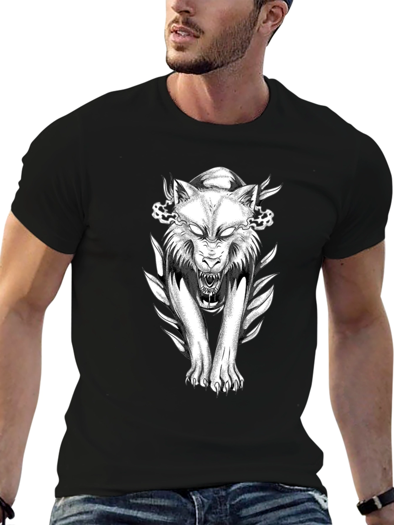 Black T-Shirt with Wolf Graphic