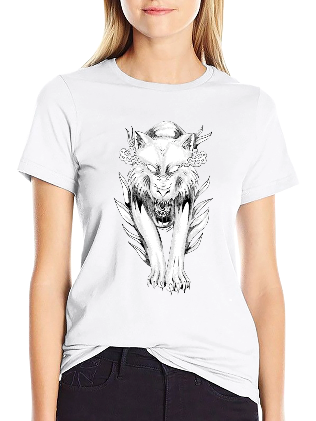 Black T-Shirt with Wolf Graphic