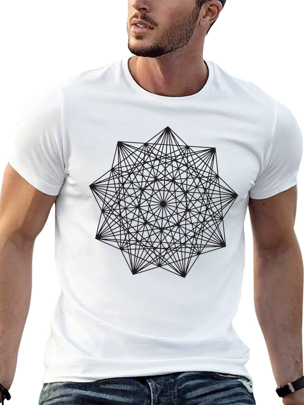 Geometric Line Art Black T-Shirt