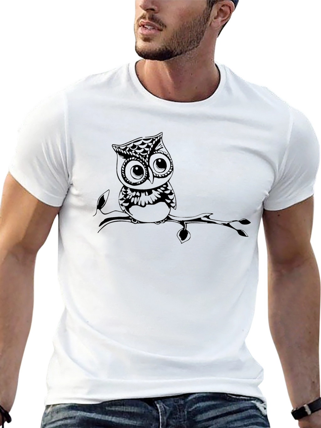 Owl on Branch Black T-Shirt