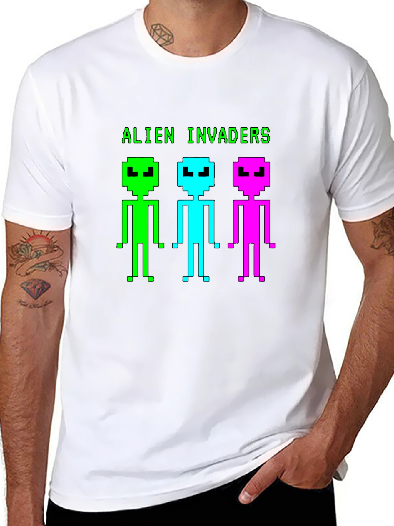 Alien Invaders Retro Pixel Art Black T-Shirt