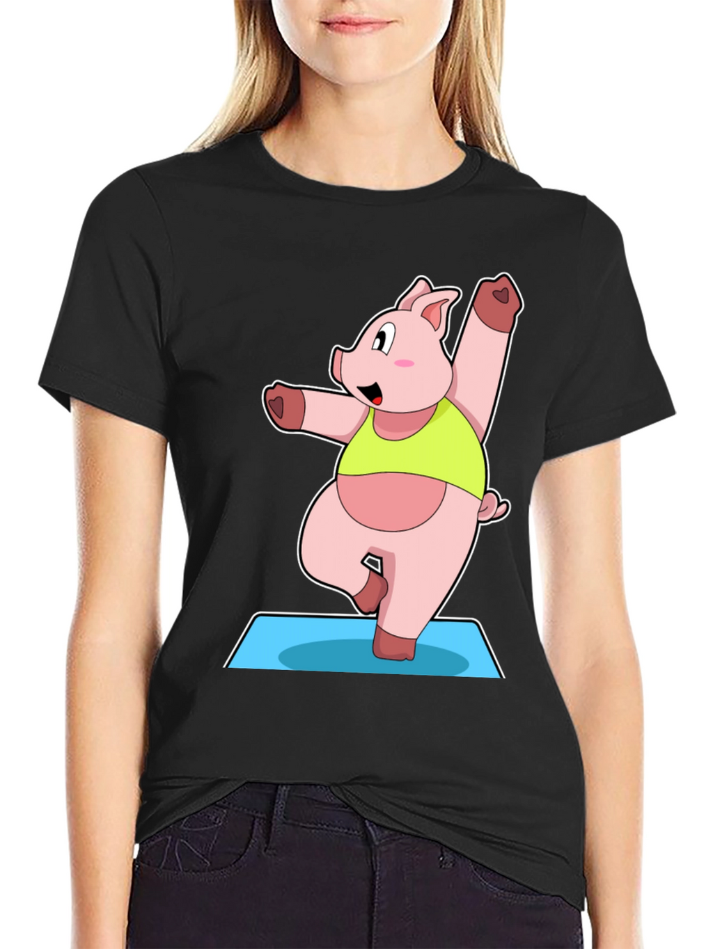 Yoga Pig Black T-Shirt - Funny Cartoon Animal Tee