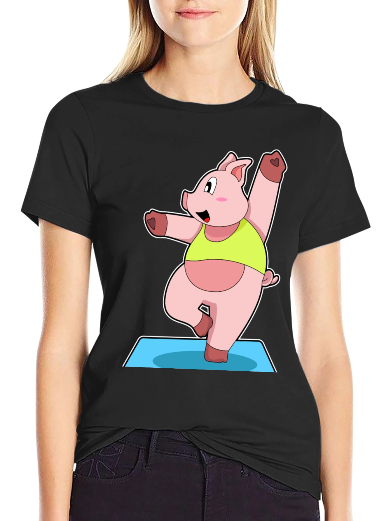 Yoga Pig Black T-Shirt - Funny Cartoon Animal Tee