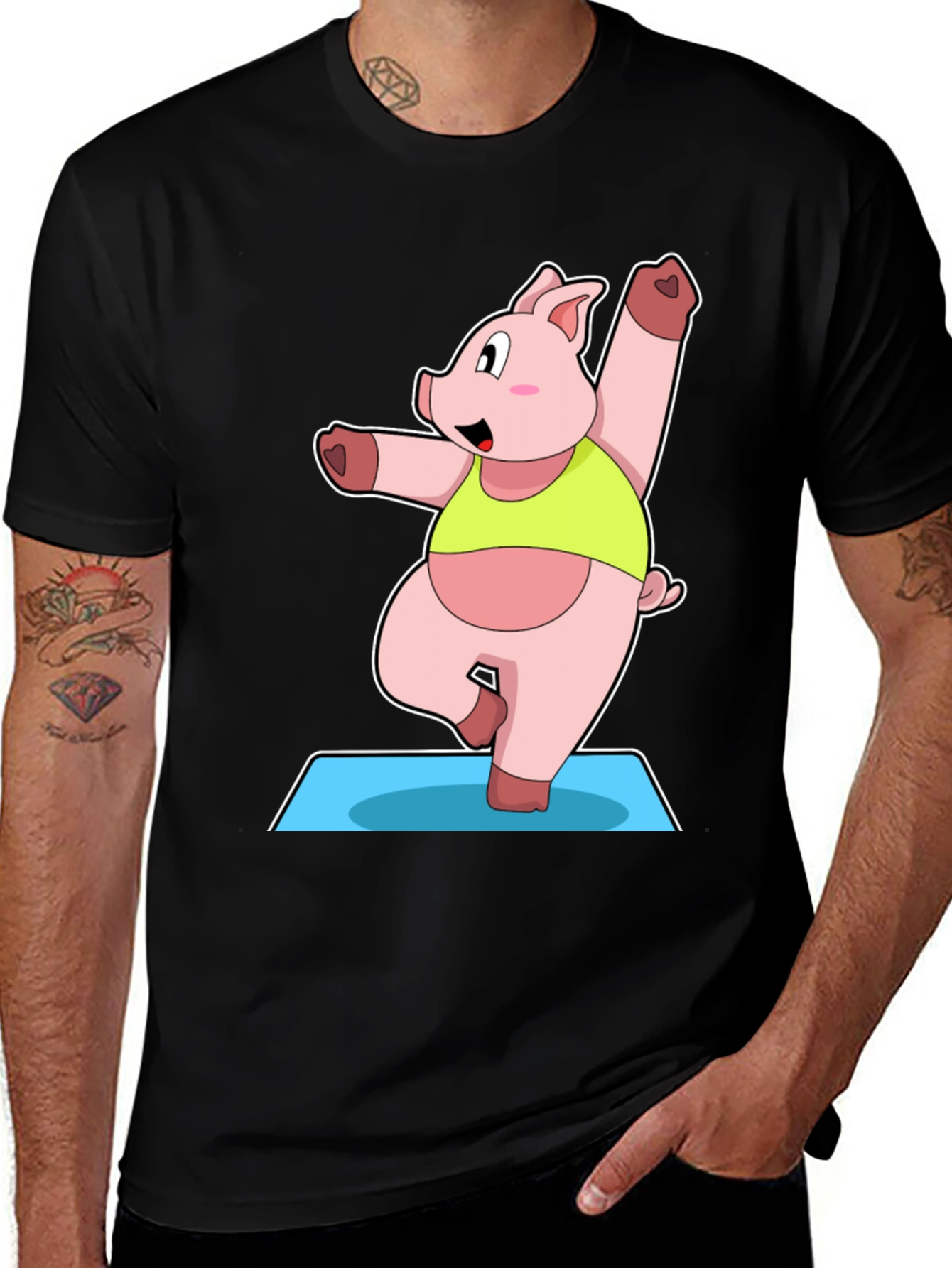 Yoga Pig Black T-Shirt - Funny Cartoon Animal Tee
