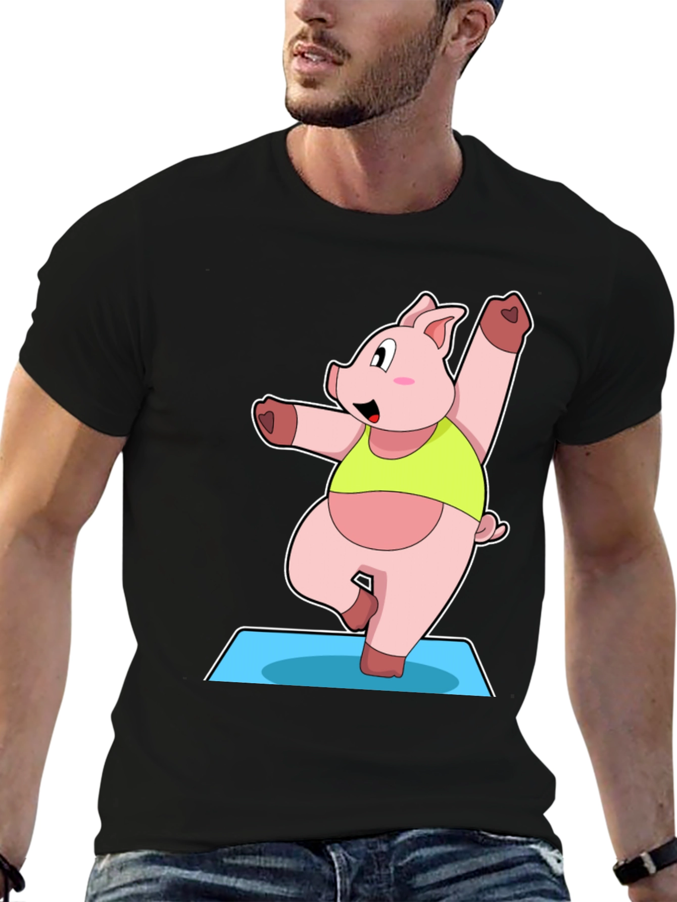Yoga Pig Black T-Shirt - Funny Cartoon Animal Tee