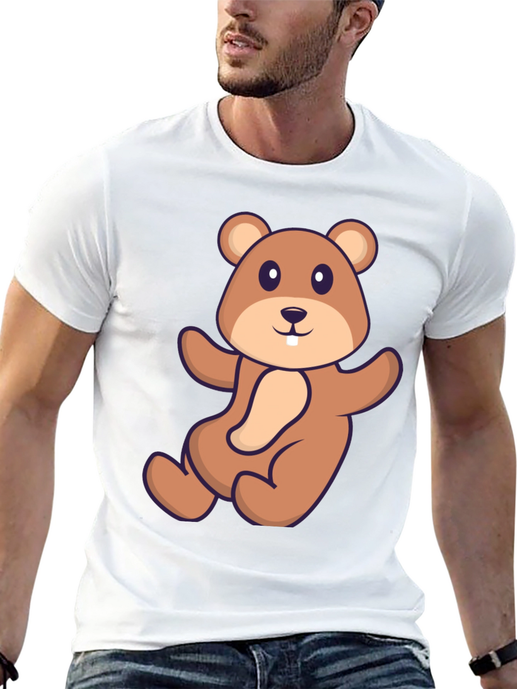 Cute Beaver Cartoon Graphic Tee - Black