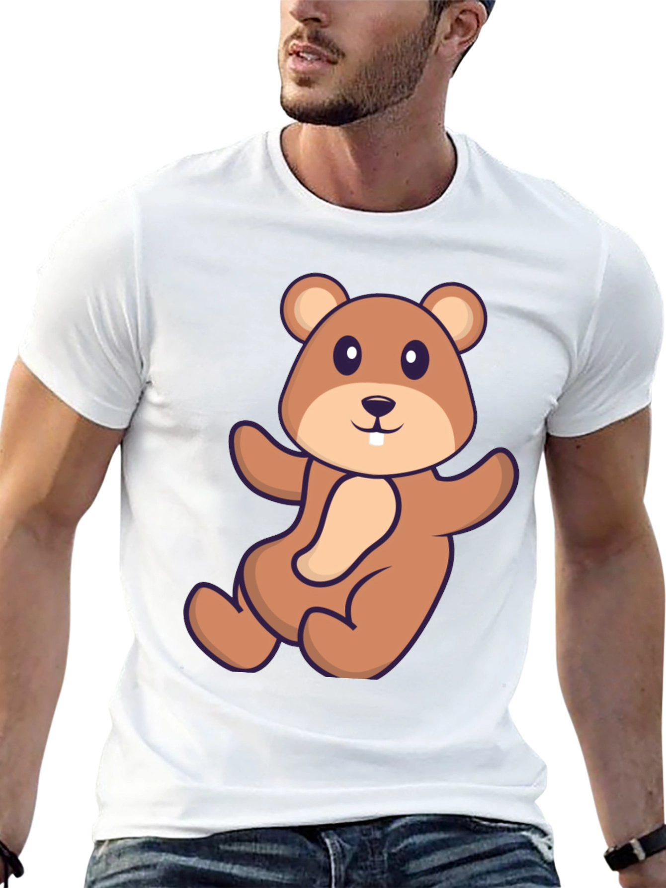 Cute Beaver Cartoon Graphic Tee - Black