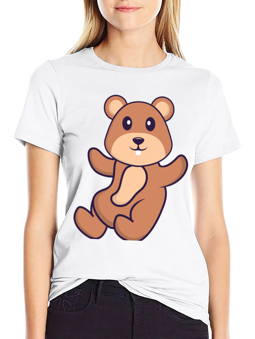 Cute Beaver Cartoon Graphic Tee - Black