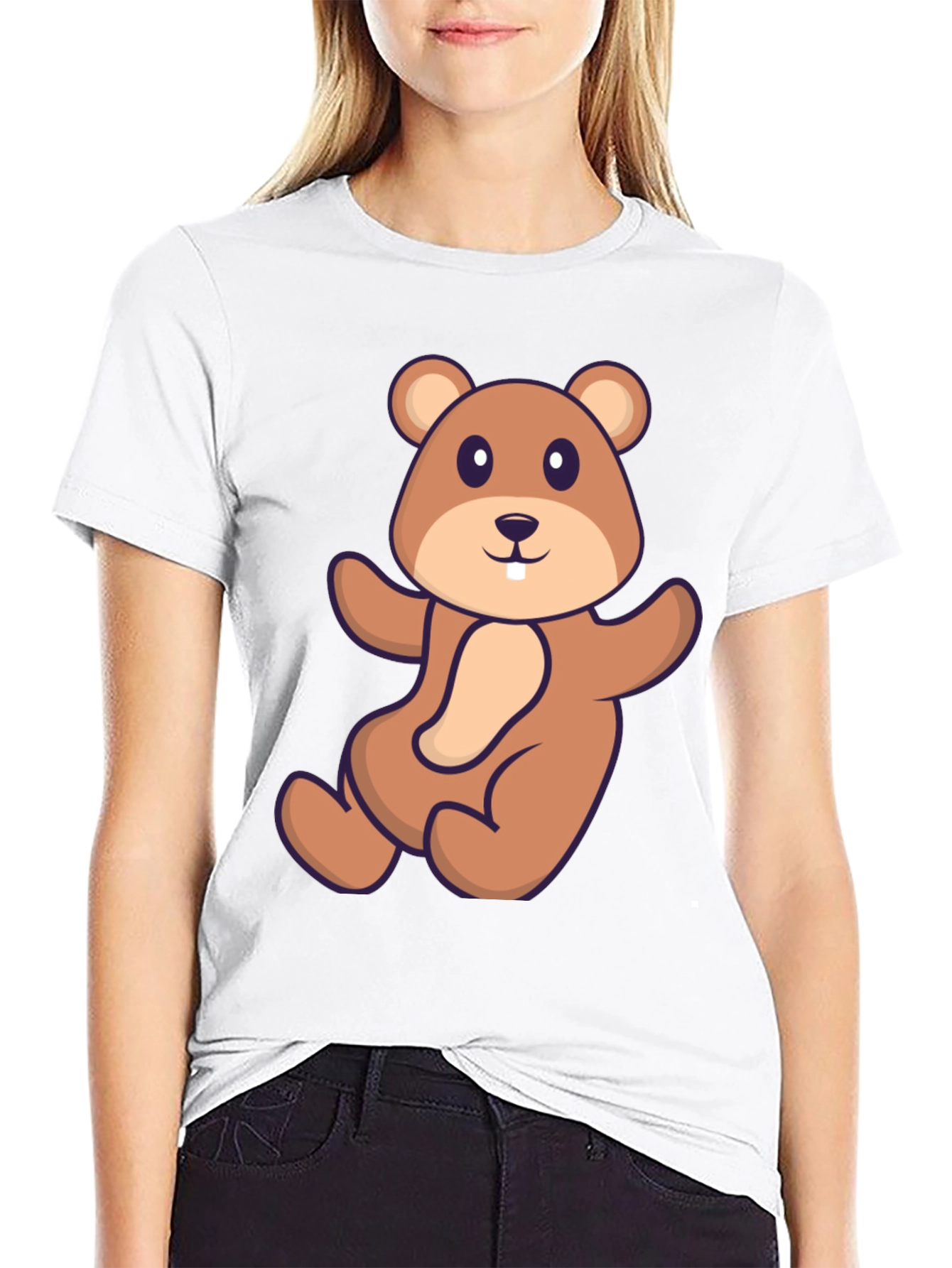 Cute Beaver Cartoon Graphic Tee - Black