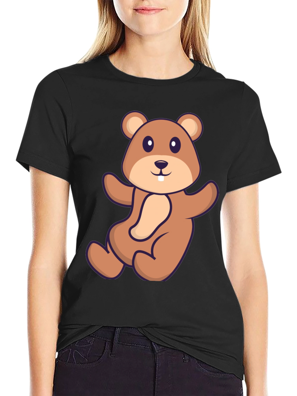Cute Beaver Cartoon Graphic Tee - Black