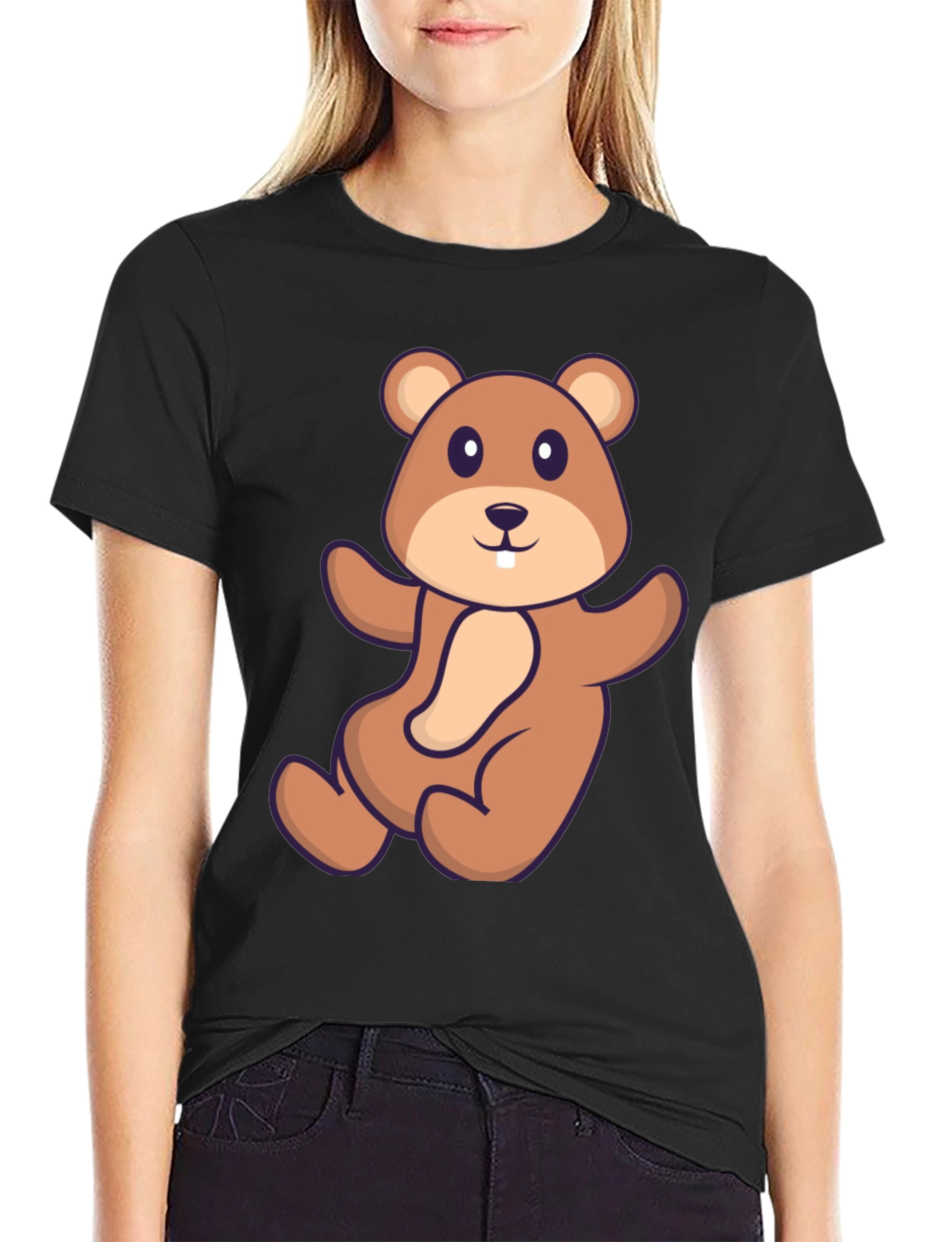 Cute Beaver Cartoon Graphic Tee - Black