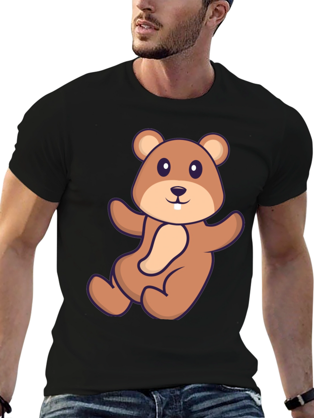 Cute Beaver Cartoon Graphic Tee - Black