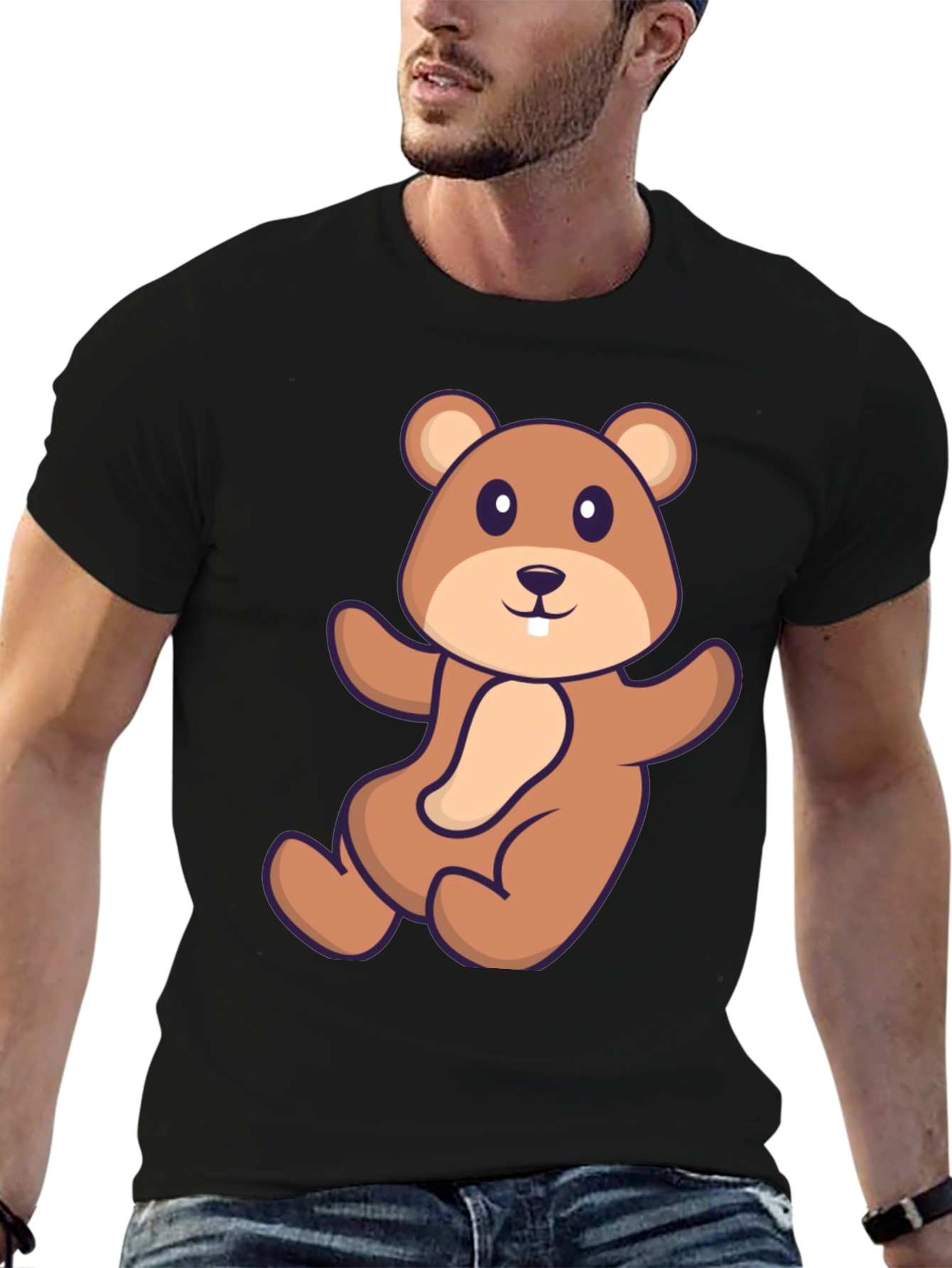 Cute Beaver Cartoon Graphic Tee - Black