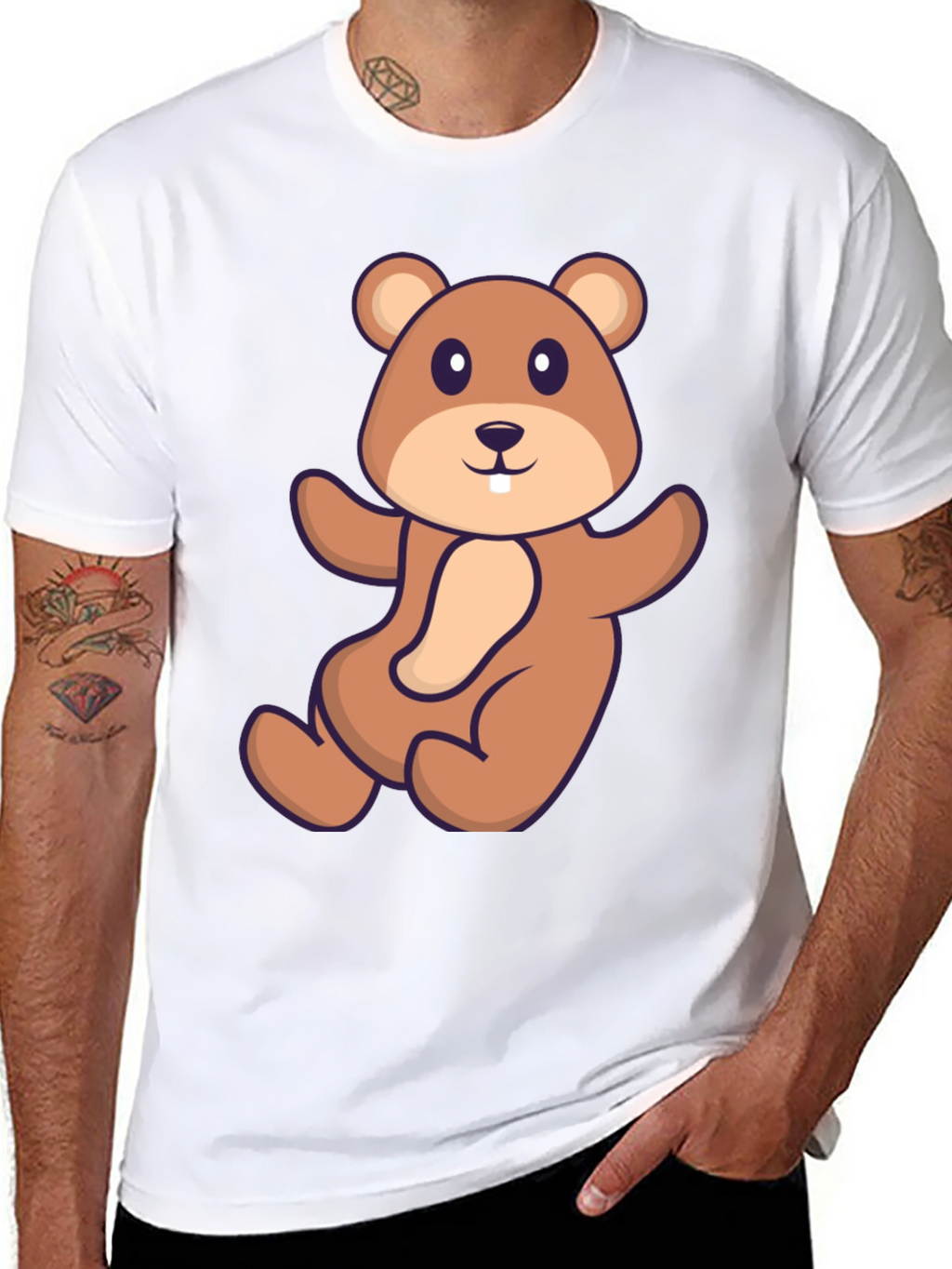 Cute Beaver Cartoon Graphic Tee - Black