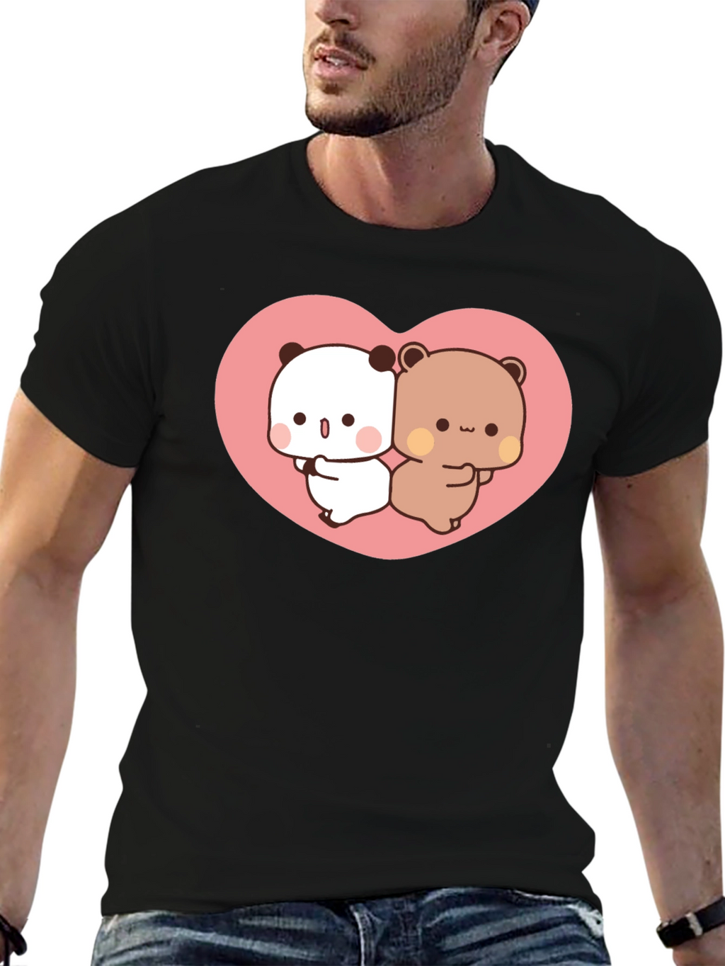 Cute Kawaii Bear Heart Graphic Black T-Shirt