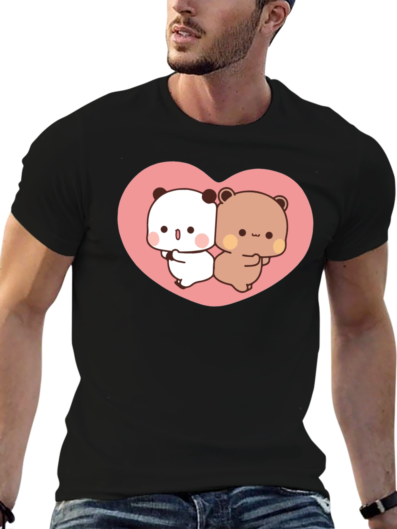 Cute Kawaii Bear Heart Graphic Black T-Shirt