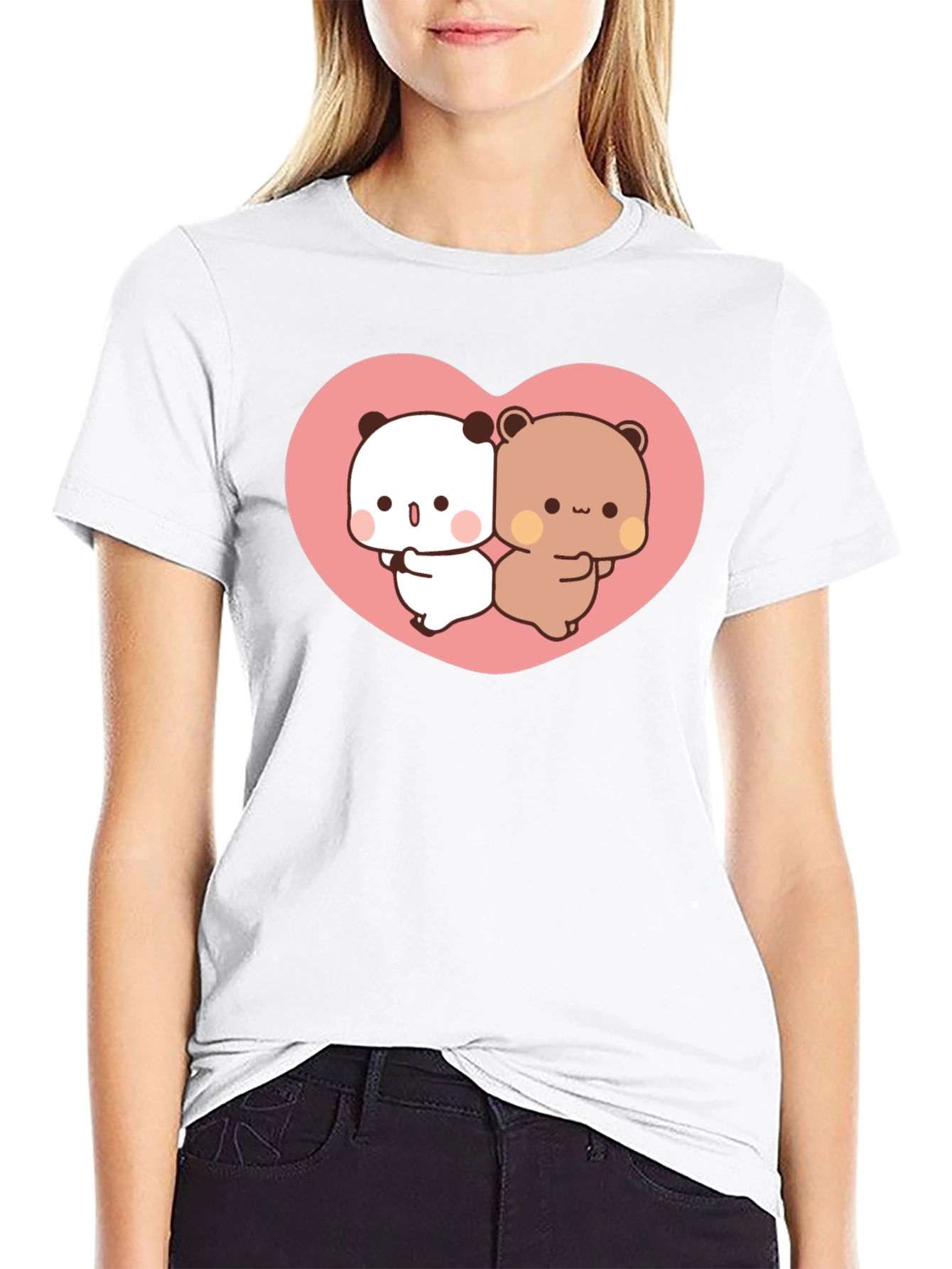 Cute Kawaii Bear Heart Graphic Black T-Shirt