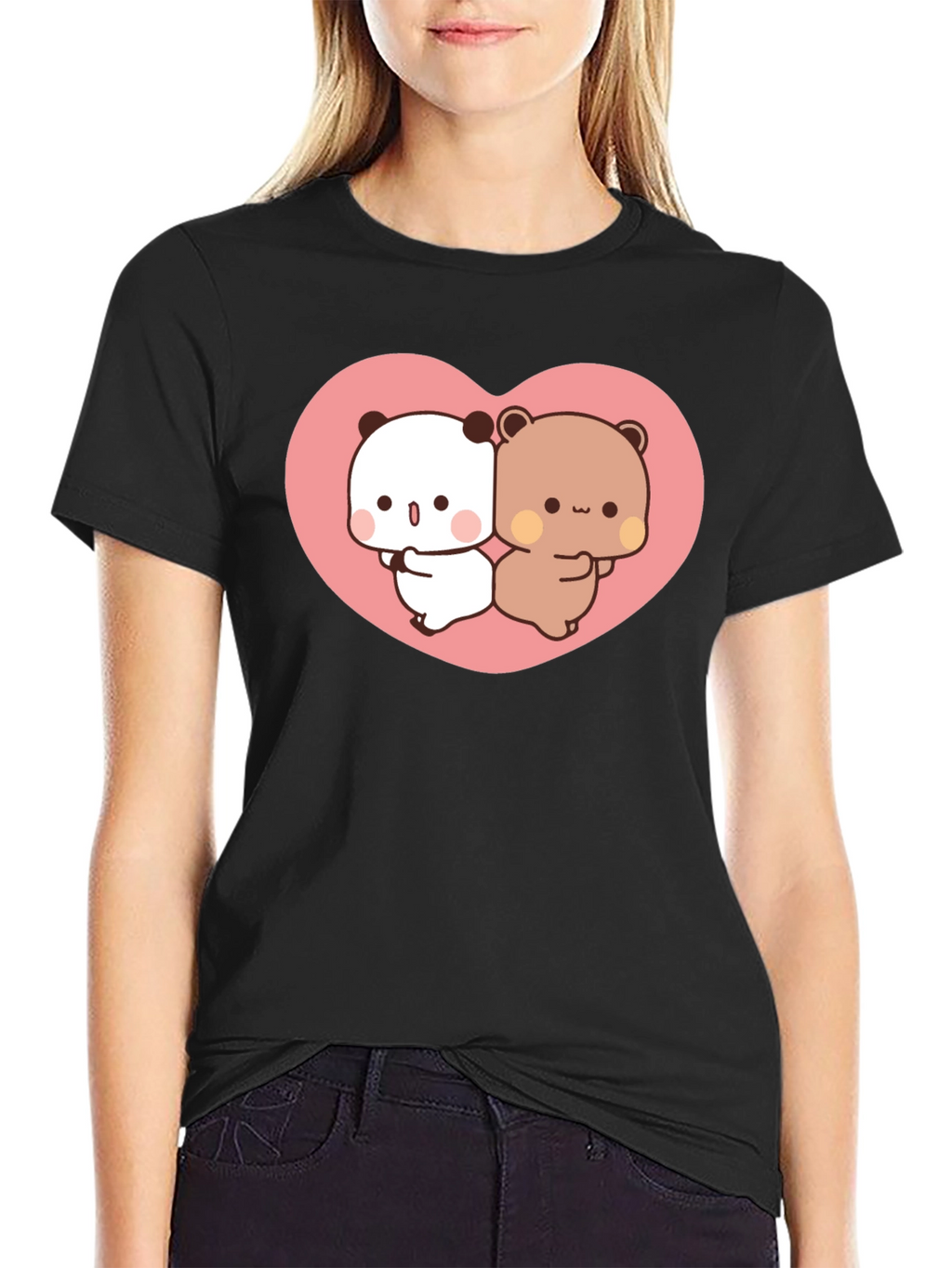 Cute Kawaii Bear Heart Graphic Black T-Shirt