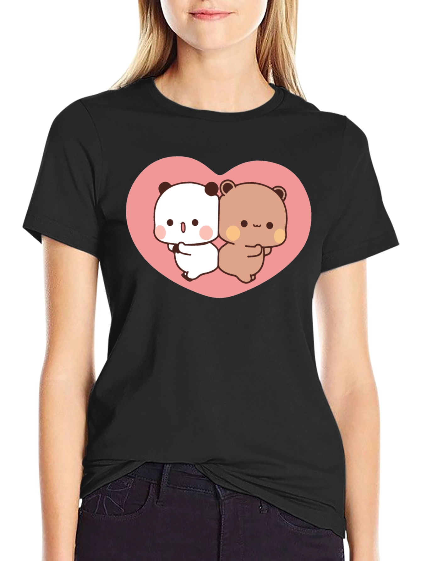 Cute Kawaii Bear Heart Graphic Black T-Shirt