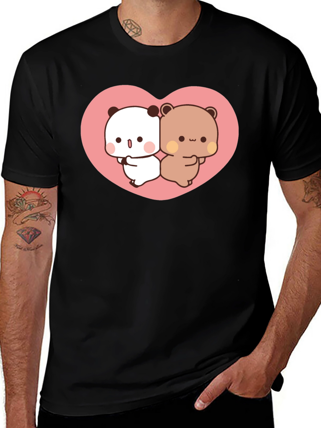 Cute Kawaii Bear Heart Graphic Black T-Shirt