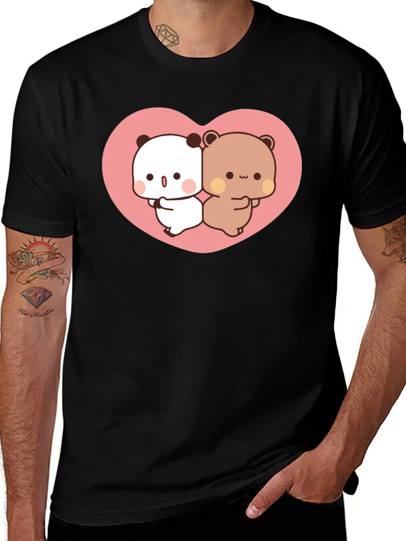 Cute Kawaii Bear Heart Graphic Black T-Shirt