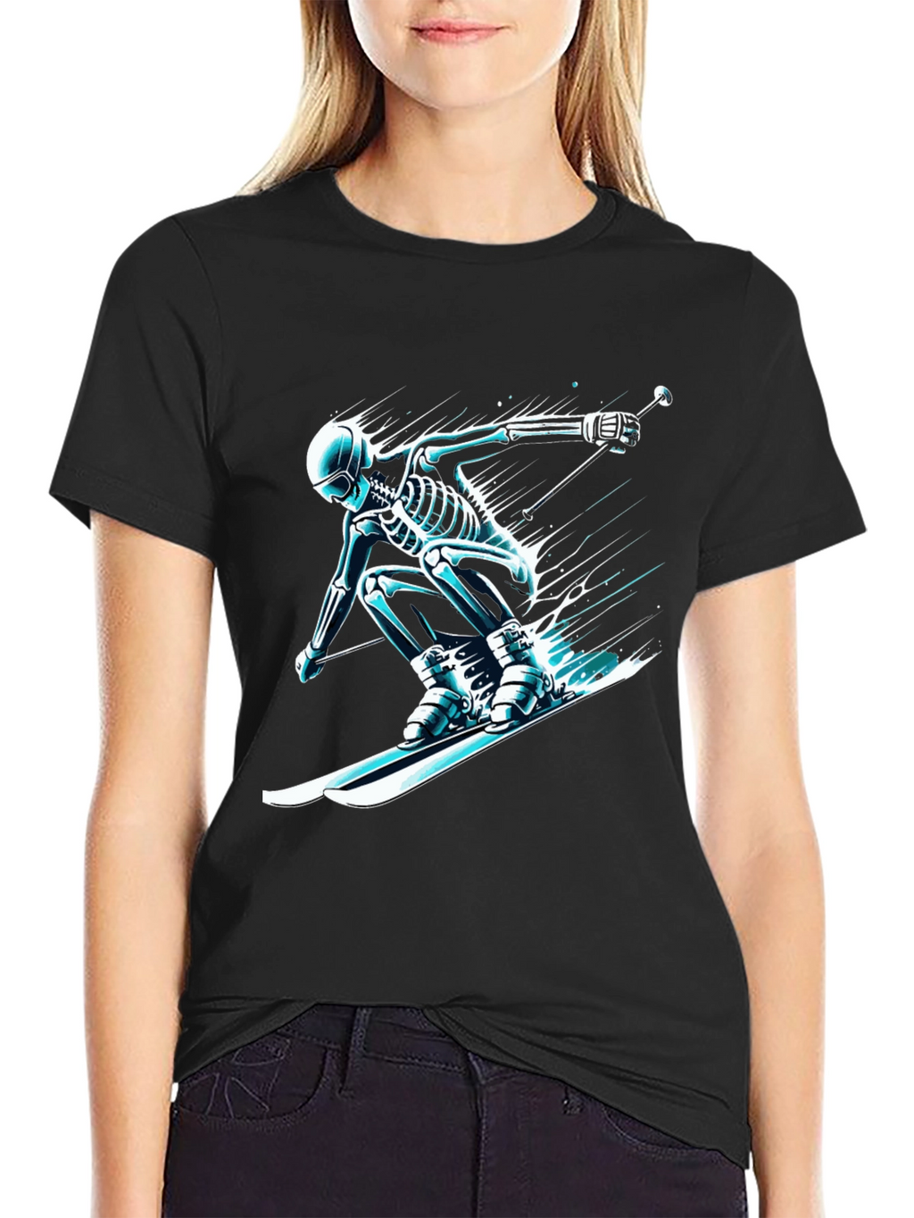 Skeleton Skiing T-Shirt - Black Graphic Tee