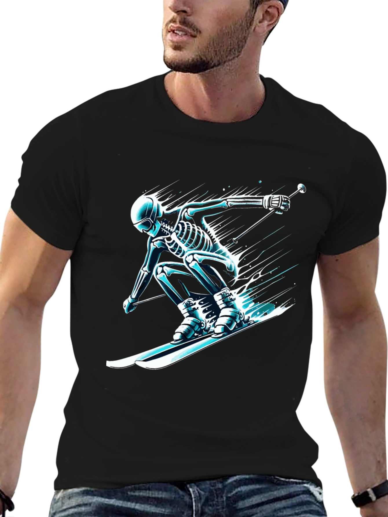 Skeleton Skiing T-Shirt - Black Graphic Tee