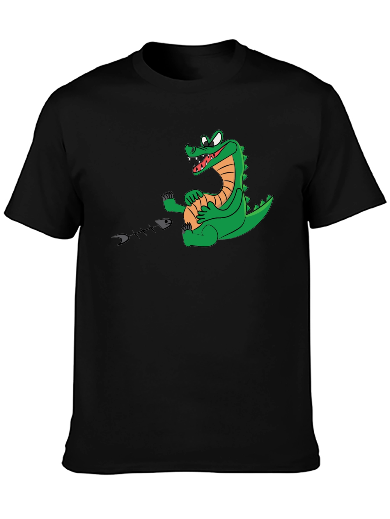 Alligator Eating Fish T-Shirt - Black Cotton Tee