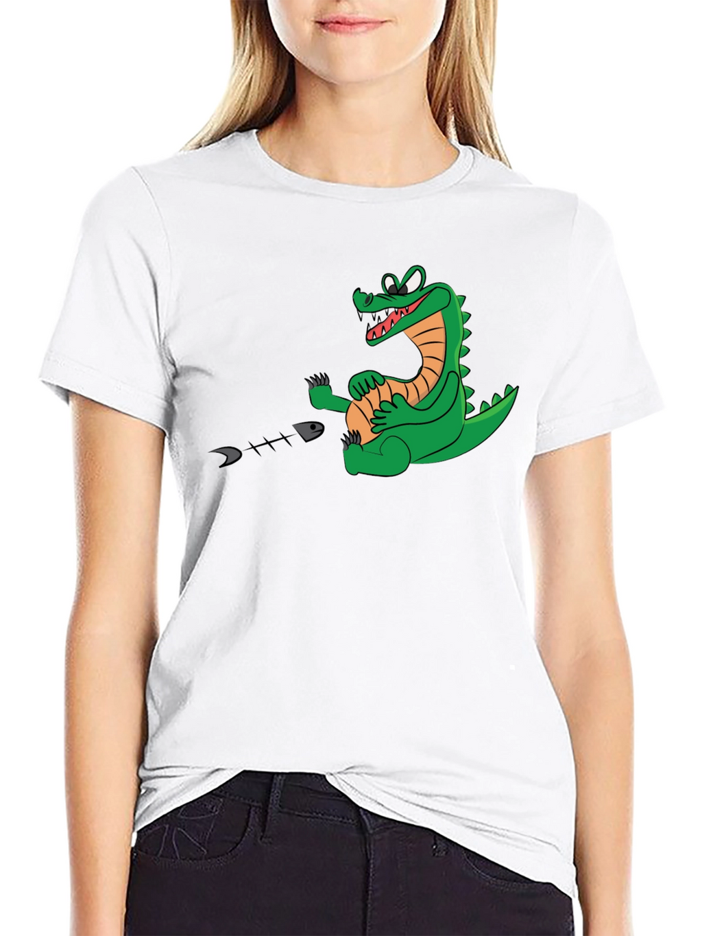 Alligator Eating Fish T-Shirt - Black Cotton Tee
