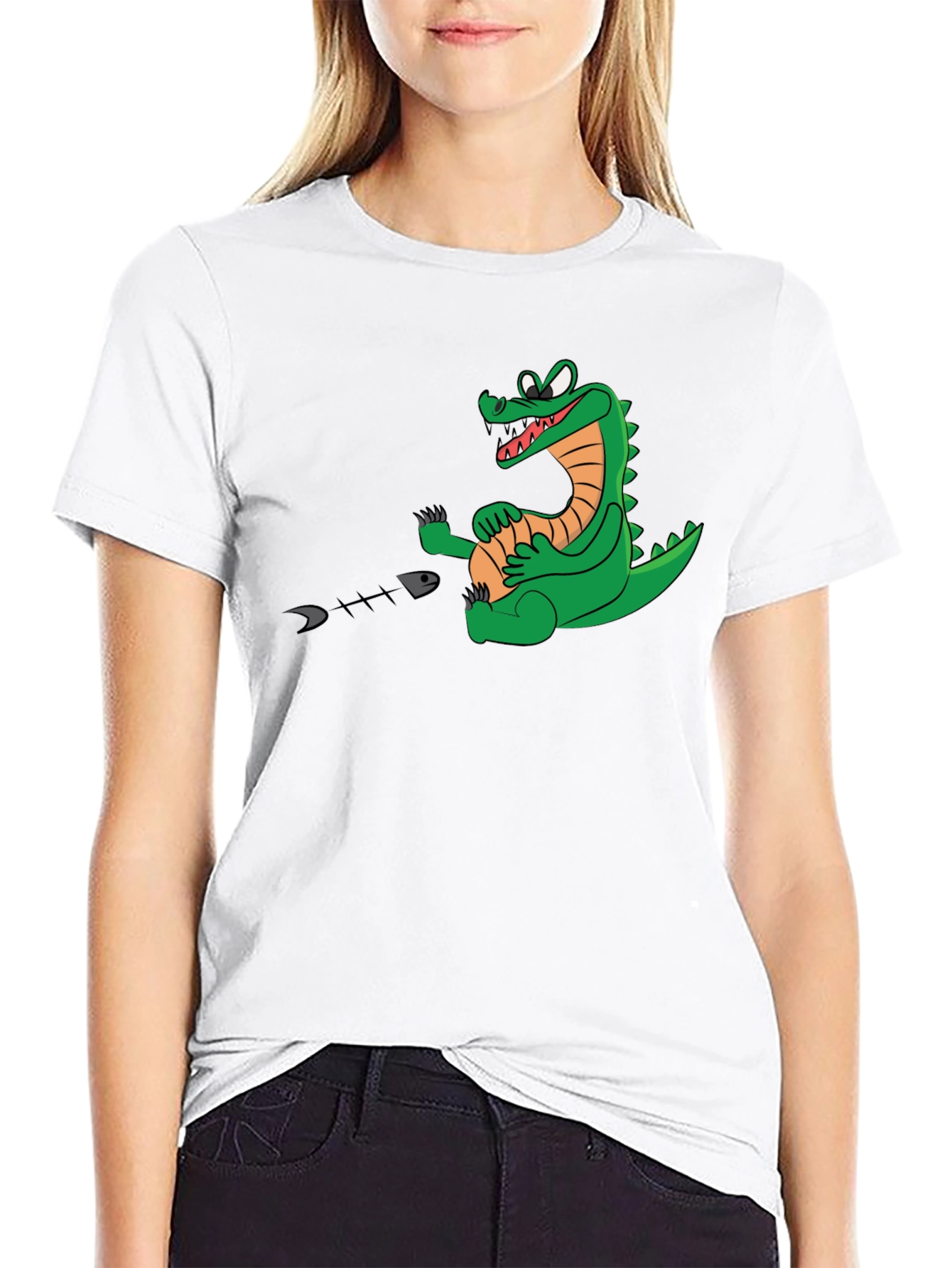 Alligator Eating Fish T-Shirt - Black Cotton Tee