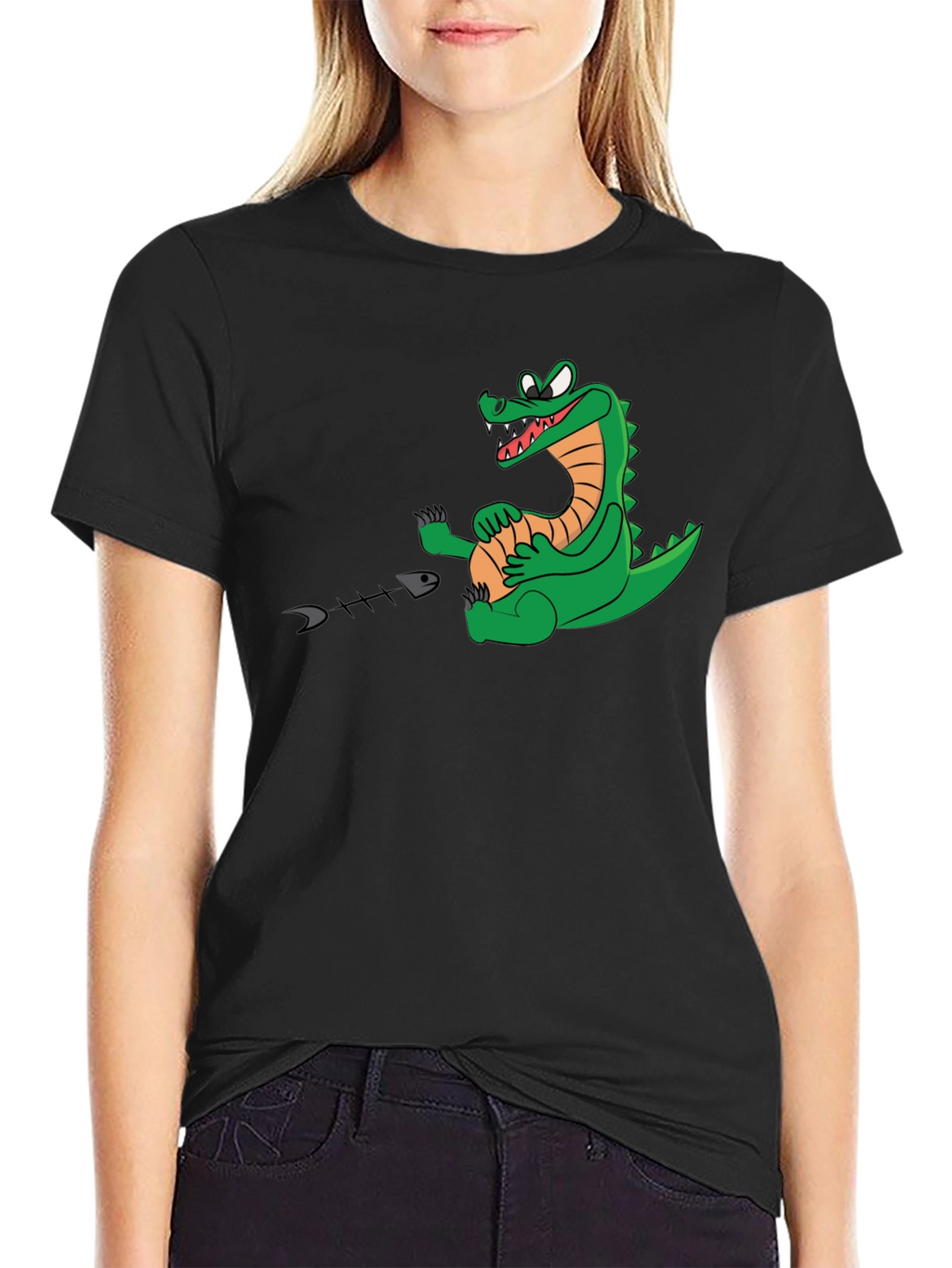 Alligator Eating Fish T-Shirt - Black Cotton Tee