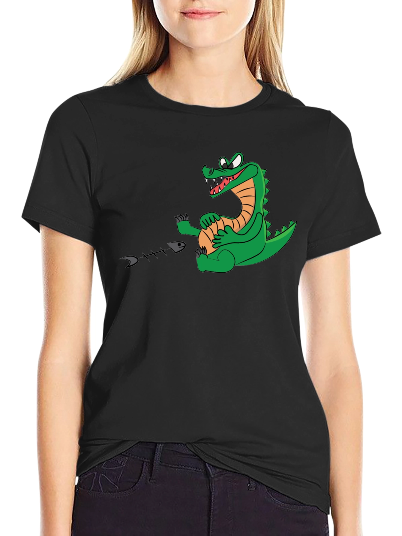 Alligator Eating Fish T-Shirt - Black Cotton Tee