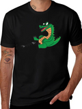 Alligator Eating Fish T-Shirt - Black Cotton Tee