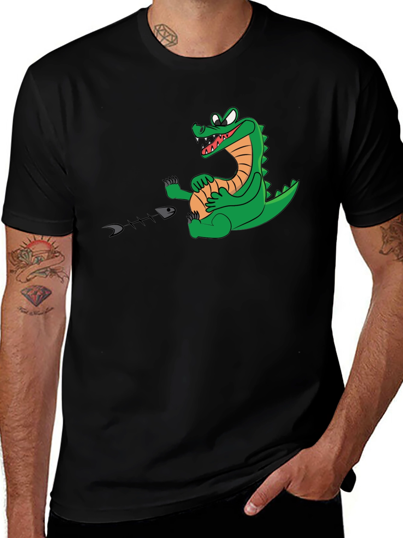 Alligator Eating Fish T-Shirt - Black Cotton Tee