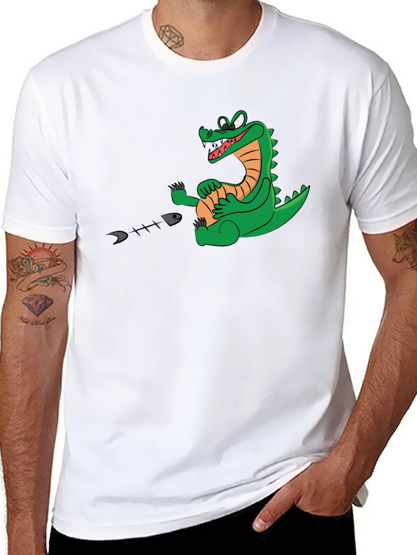 Alligator Eating Fish T-Shirt - Black Cotton Tee