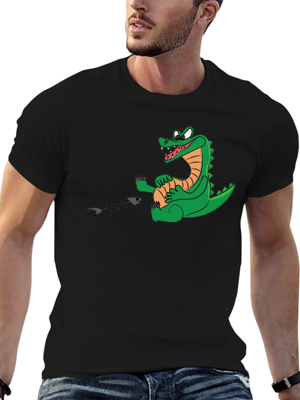 Alligator Eating Fish T-Shirt - Black Cotton Tee
