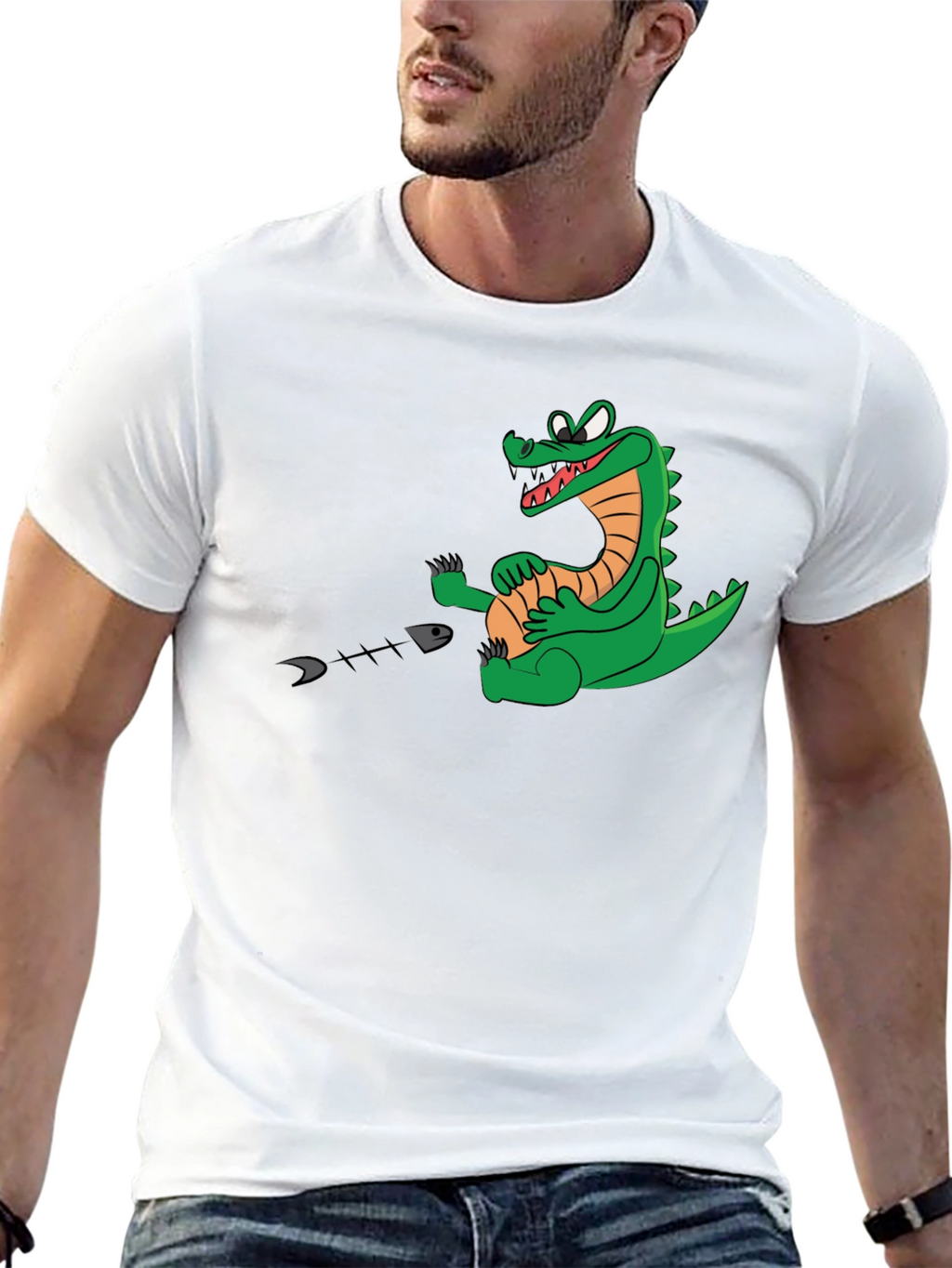Alligator Eating Fish T-Shirt - Black Cotton Tee