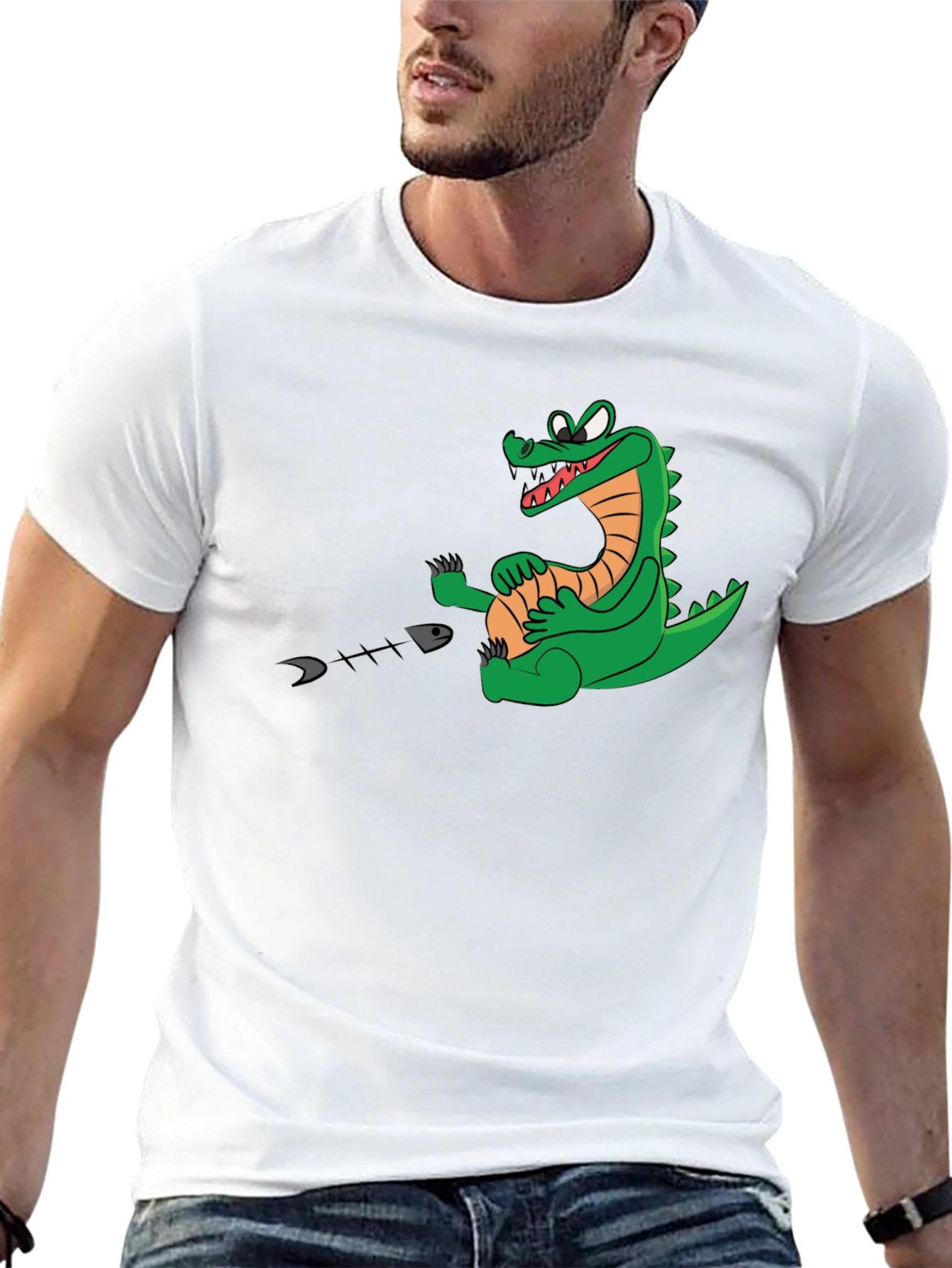 Alligator Eating Fish T-Shirt - Black Cotton Tee