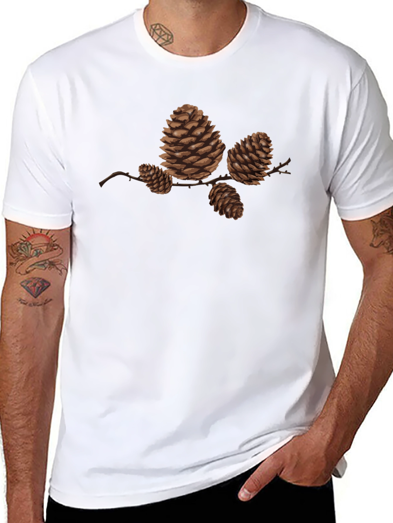 Pine Cone Print Black T-Shirt - Nature Inspired Casual Wear
