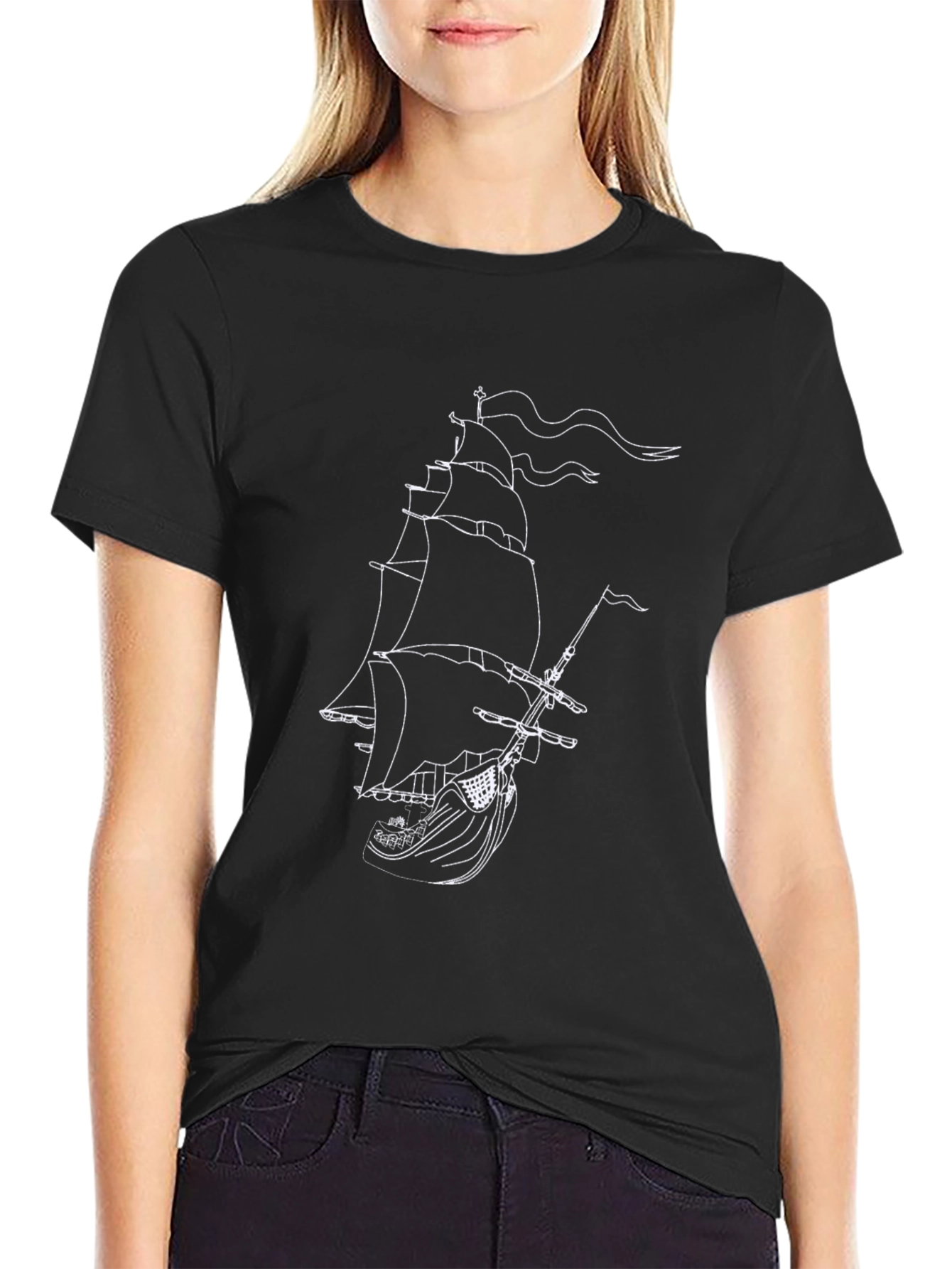 Black T-Shirt with Ship Graphic