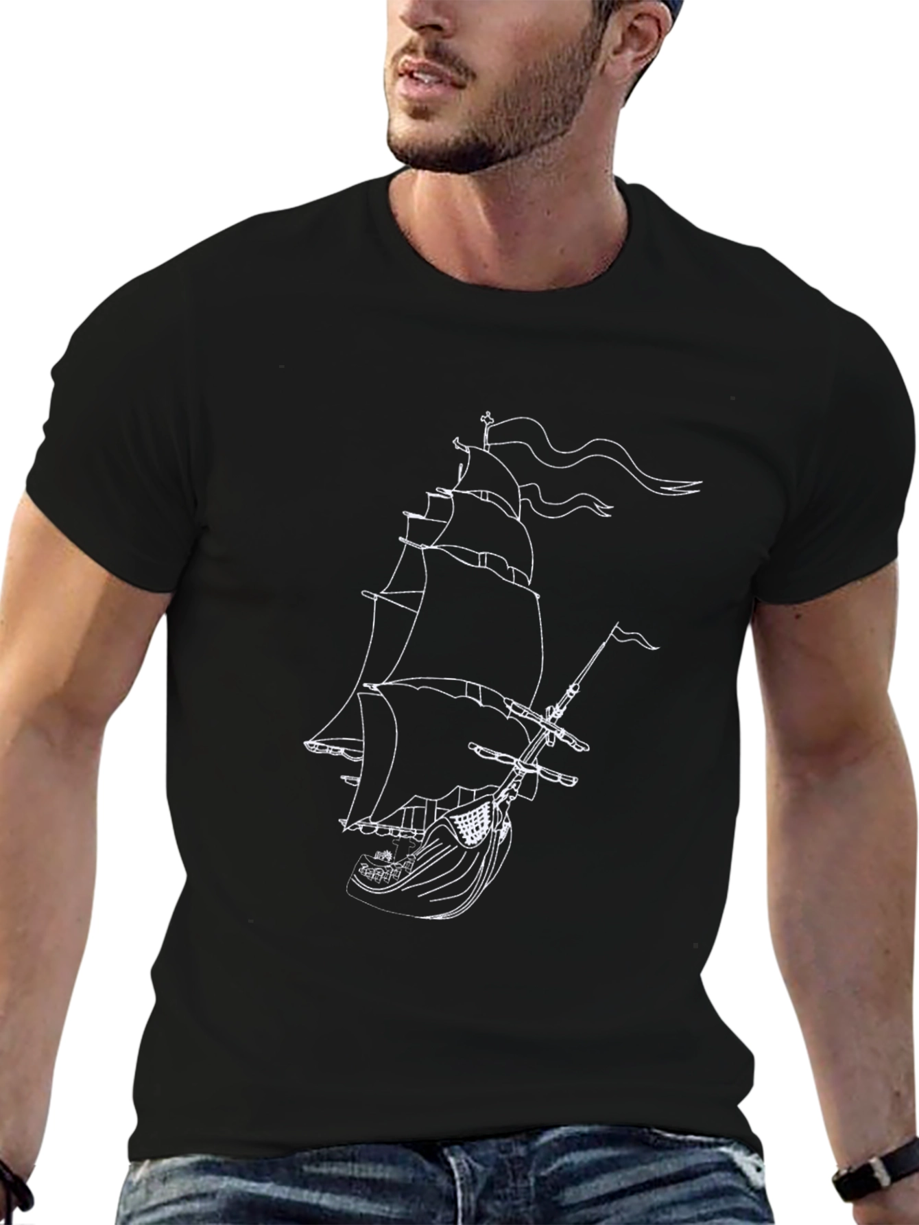 Black T-Shirt with Ship Graphic
