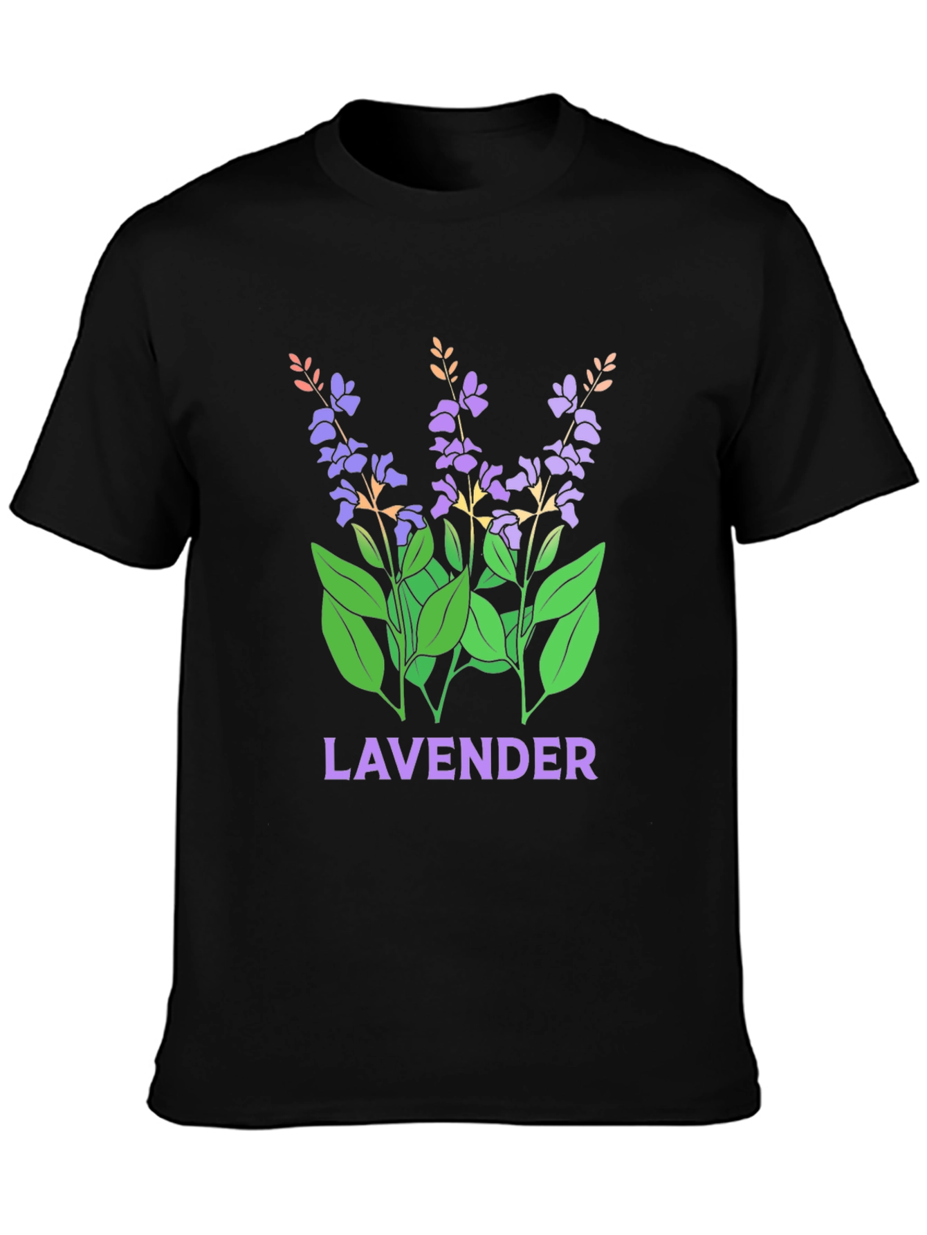Lavender Floral Graphic Print Black T-Shirt