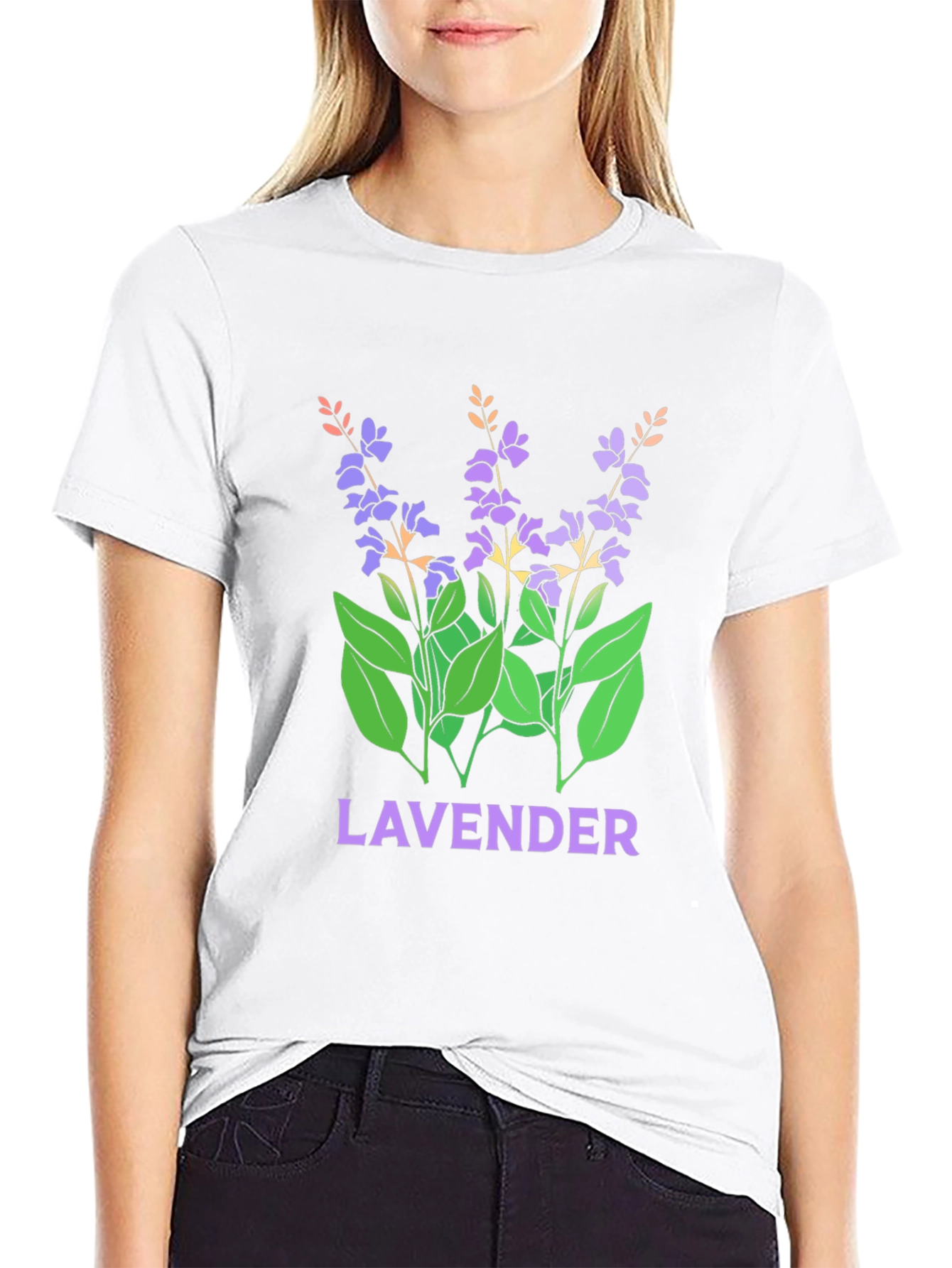 Lavender Floral Graphic Print Black T-Shirt