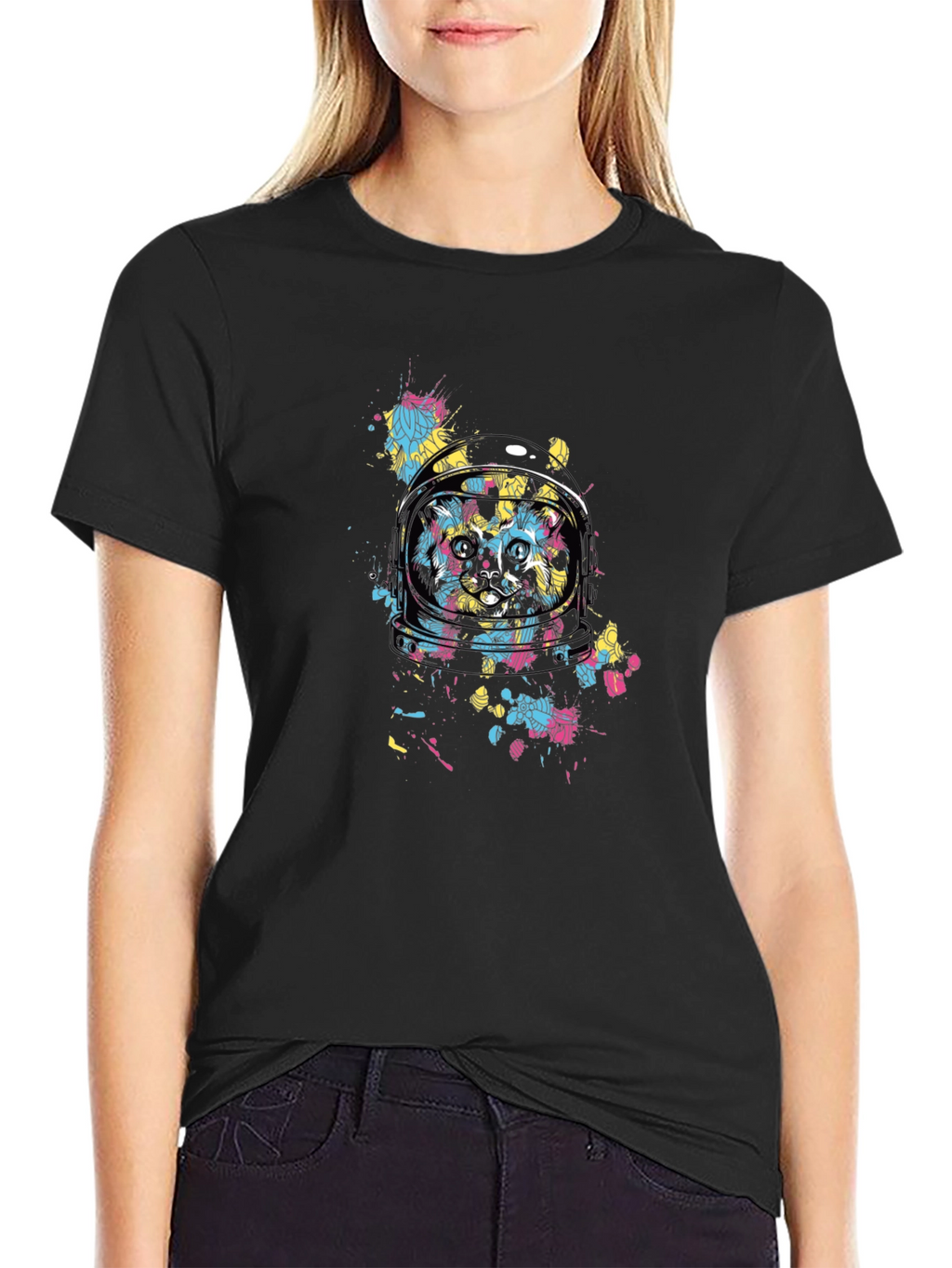Astronaut Cat Graphic Black T-Shirt