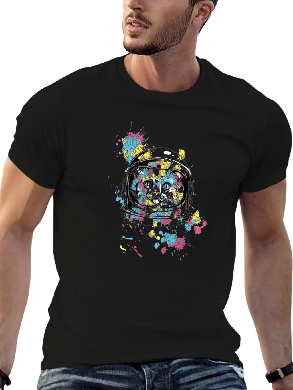 Astronaut Cat Graphic Black T-Shirt